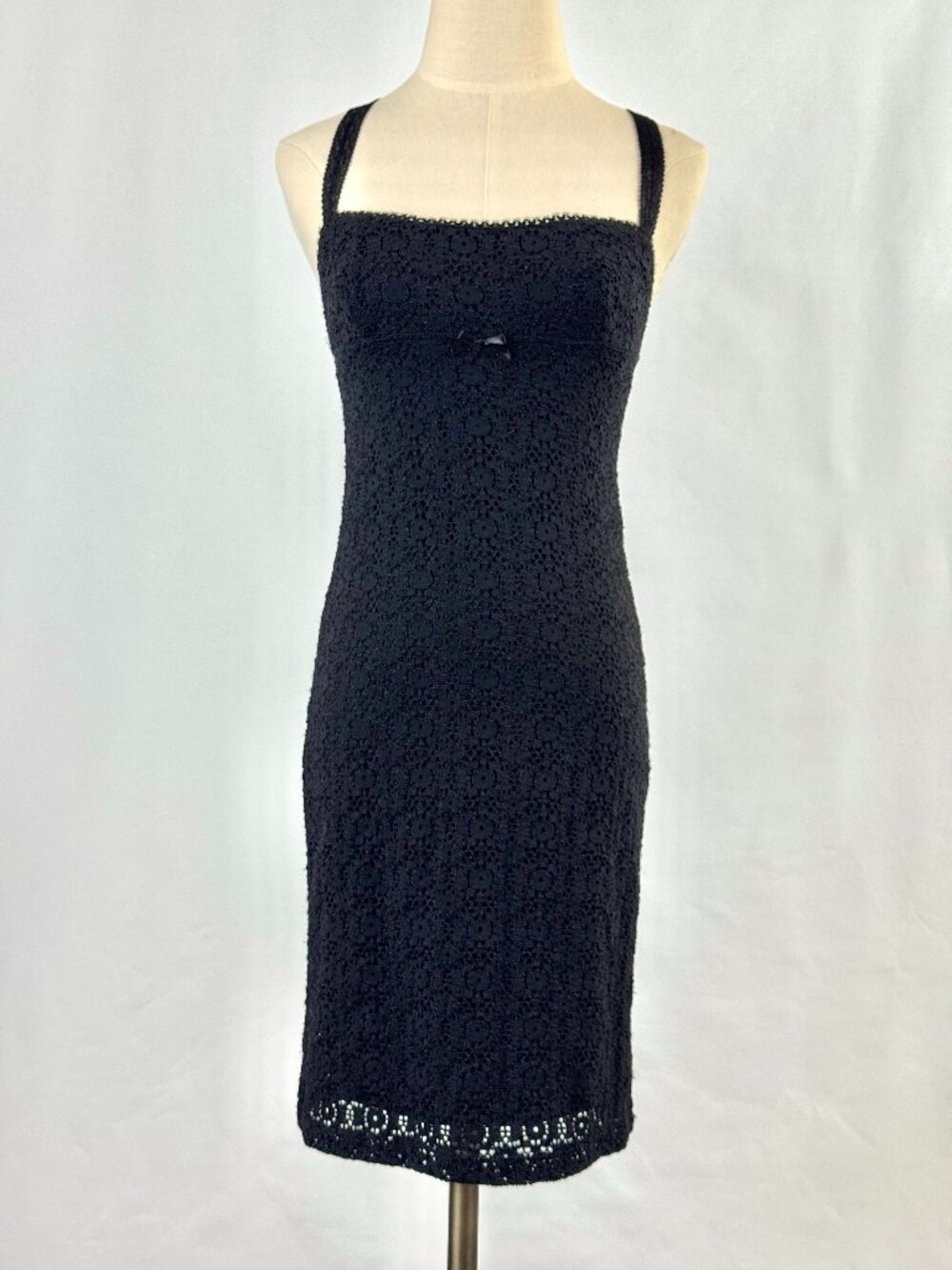 Vtg Y2K Bebe Moda Black Lace Babydoll Dress Criss Cross Straps Bow Coquette